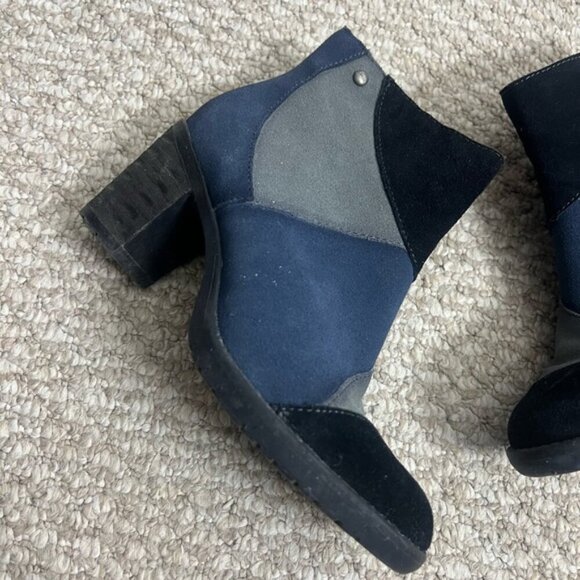 Earth Malta Suede Leather Chunky Heeled Ankle Boot, Black Blue Boho Patchwork - Picture 2 of 11